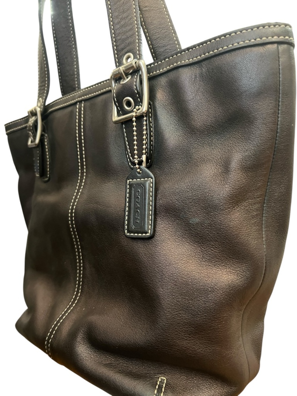 Coach Vintage Hampton Brown Bronze Leather Contrast Stitch Buckle Shoulder Tote - Picture 5 of 13
